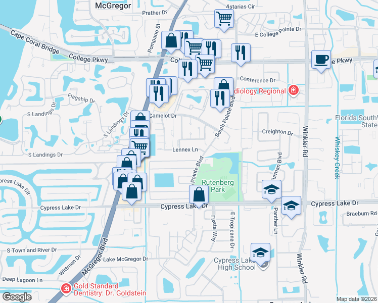 map of restaurants, bars, coffee shops, grocery stores, and more near 9294 Lennex Lane in Fort Myers