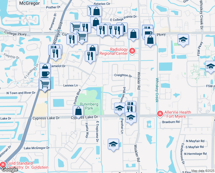 map of restaurants, bars, coffee shops, grocery stores, and more near 6112 Principia Drive in Fort Myers
