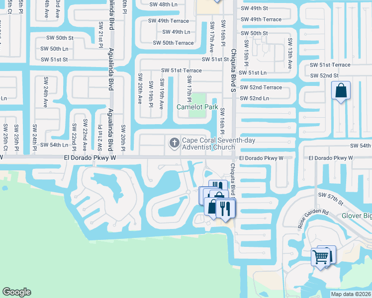 map of restaurants, bars, coffee shops, grocery stores, and more near 1728 Southwest 54th Lane in Cape Coral