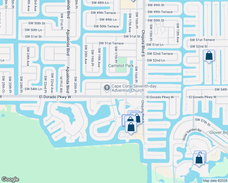 map of restaurants, bars, coffee shops, grocery stores, and more near 1728 Southwest 54th Lane in Cape Coral