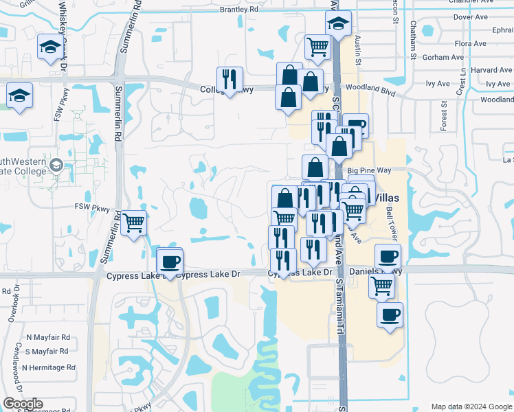 map of restaurants, bars, coffee shops, grocery stores, and more near 6110 Augusta Drive in Fort Myers