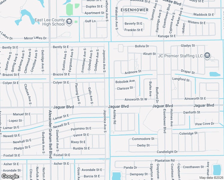 map of restaurants, bars, coffee shops, grocery stores, and more near 778 Ashley Road in Lehigh Acres