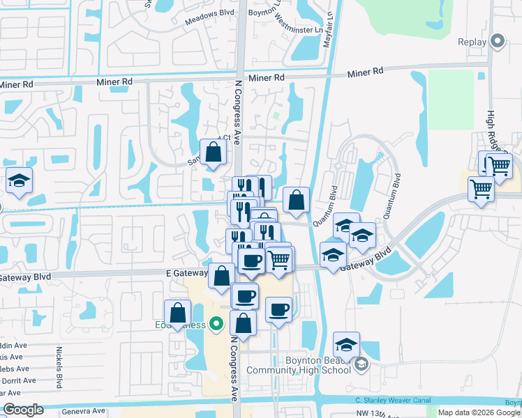map of restaurants, bars, coffee shops, grocery stores, and more near 2290 North Congress Avenue in Boynton Beach