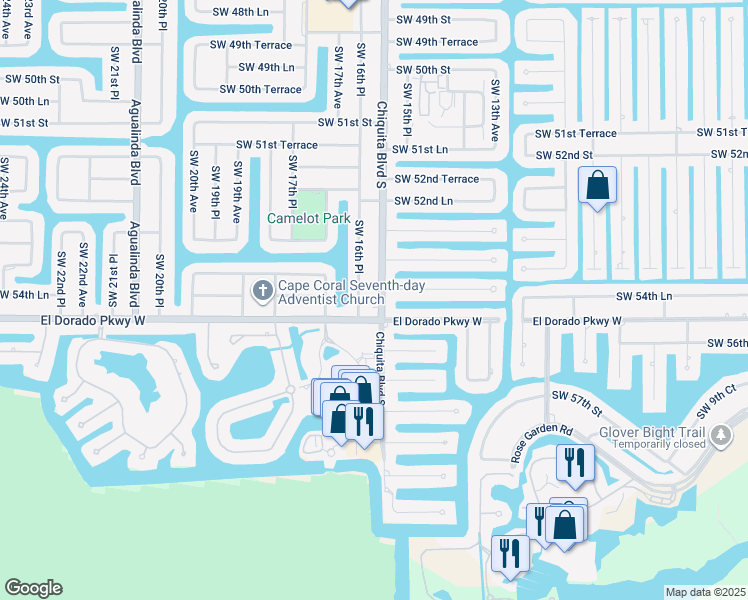 map of restaurants, bars, coffee shops, grocery stores, and more near 5407 Chiquita Boulevard South in Cape Coral