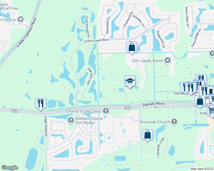 map of restaurants, bars, coffee shops, grocery stores, and more near C Parker Avenue in Fort Myers