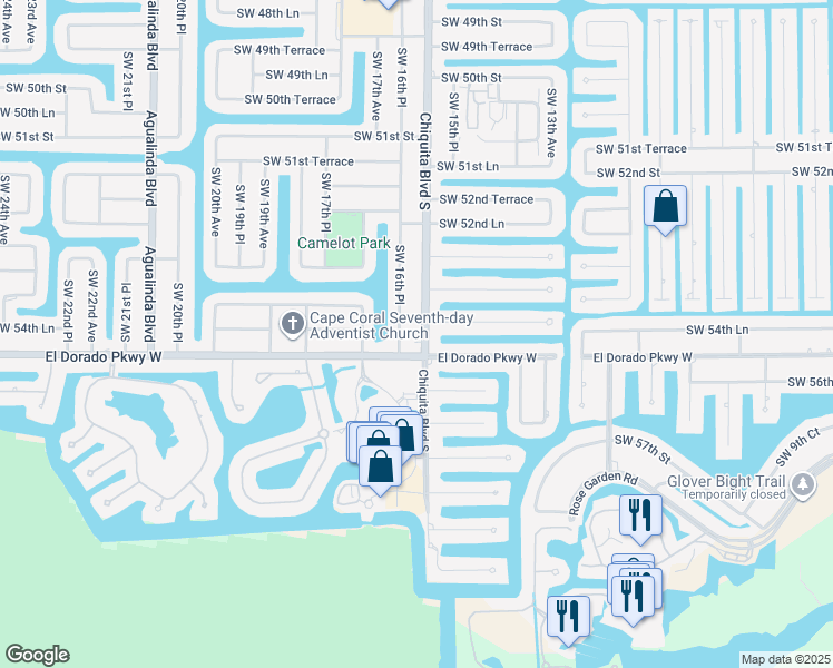 map of restaurants, bars, coffee shops, grocery stores, and more near 5420 Chiquita Boulevard South in Cape Coral