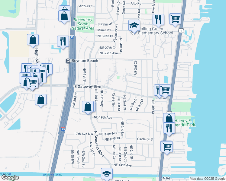 map of restaurants, bars, coffee shops, grocery stores, and more near 202 Gateway Boulevard in Boynton Beach