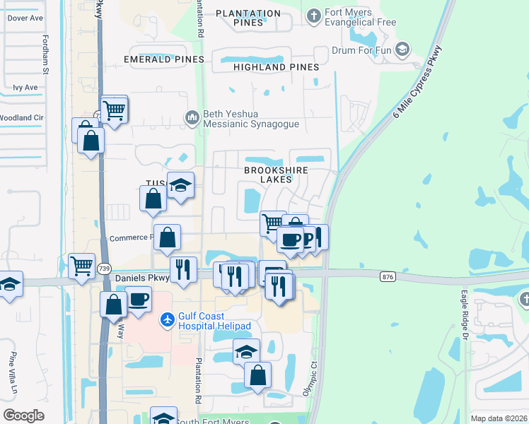 map of restaurants, bars, coffee shops, grocery stores, and more near 13239 Brookshire Lake Boulevard in Fort Myers