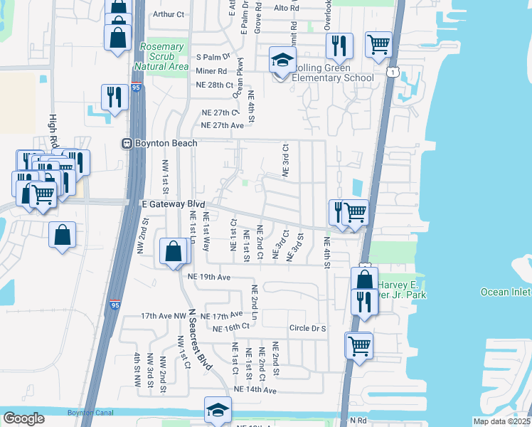 map of restaurants, bars, coffee shops, grocery stores, and more near 305 East Gateway Boulevard in Boynton Beach