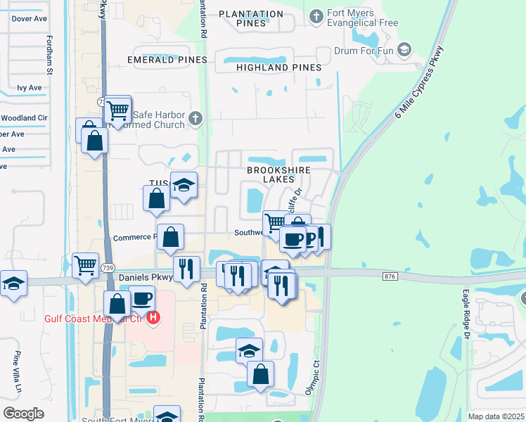 map of restaurants, bars, coffee shops, grocery stores, and more near Brookshire Lake Boulevard in Fort Myers