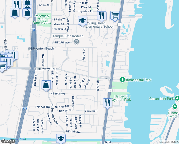 map of restaurants, bars, coffee shops, grocery stores, and more near 2322 Northeast 3rd Street in Boynton Beach