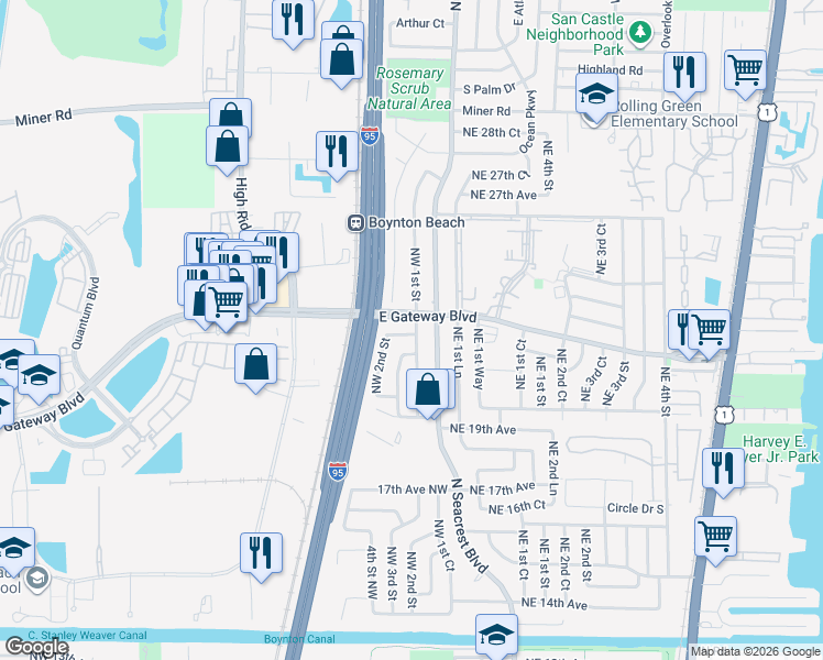map of restaurants, bars, coffee shops, grocery stores, and more near 2171 Northwest 1st Street in Boynton Beach