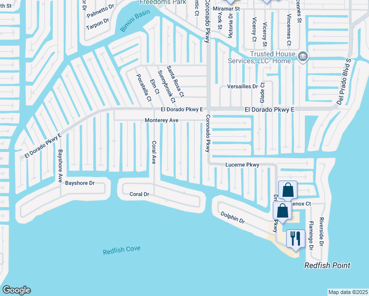 map of restaurants, bars, coffee shops, grocery stores, and more near 5337 Delano Court in Cape Coral