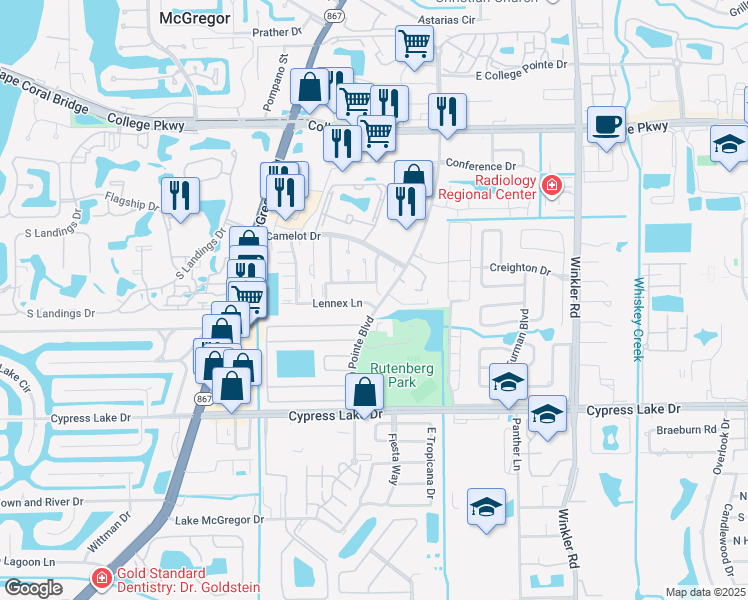 map of restaurants, bars, coffee shops, grocery stores, and more near 9280 Lennex Lane in Fort Myers