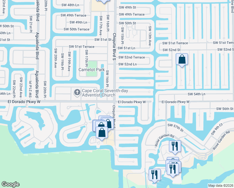 map of restaurants, bars, coffee shops, grocery stores, and more near 5407 Chiquita Boulevard South in Cape Coral