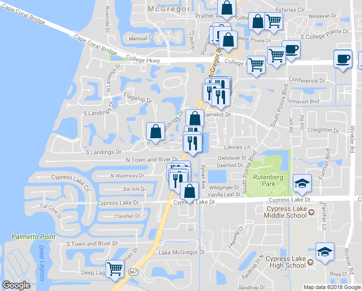 map of restaurants, bars, coffee shops, grocery stores, and more near 4397 East Mainmast Court in Fort Myers