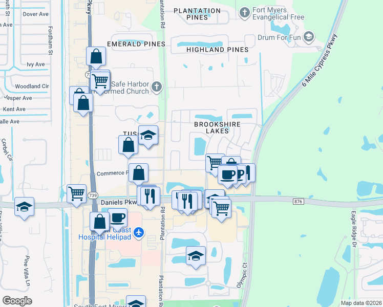 map of restaurants, bars, coffee shops, grocery stores, and more near 13239 Heather Ridge Loop in Fort Myers
