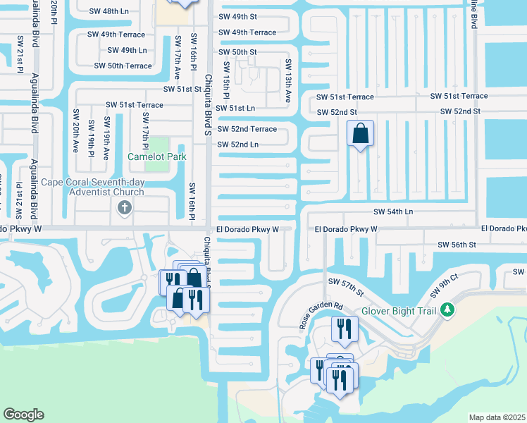 map of restaurants, bars, coffee shops, grocery stores, and more near 1430 Southwest 54th Terrace in Cape Coral