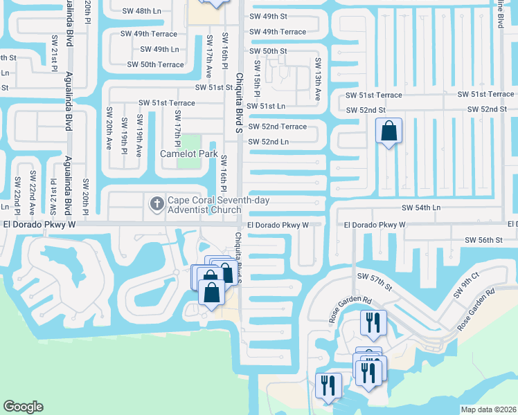 map of restaurants, bars, coffee shops, grocery stores, and more near 1512 Southwest 54th Terrace in Cape Coral