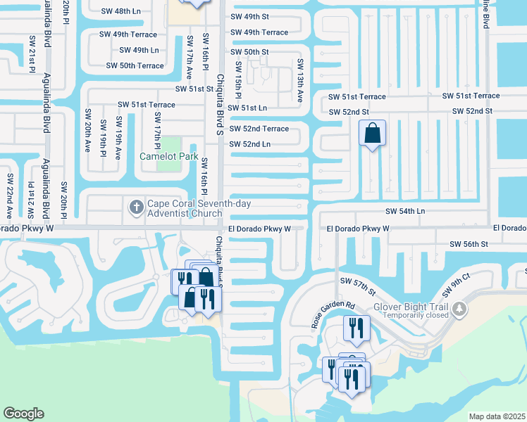 map of restaurants, bars, coffee shops, grocery stores, and more near 1430 Southwest 54th Terrace in Cape Coral