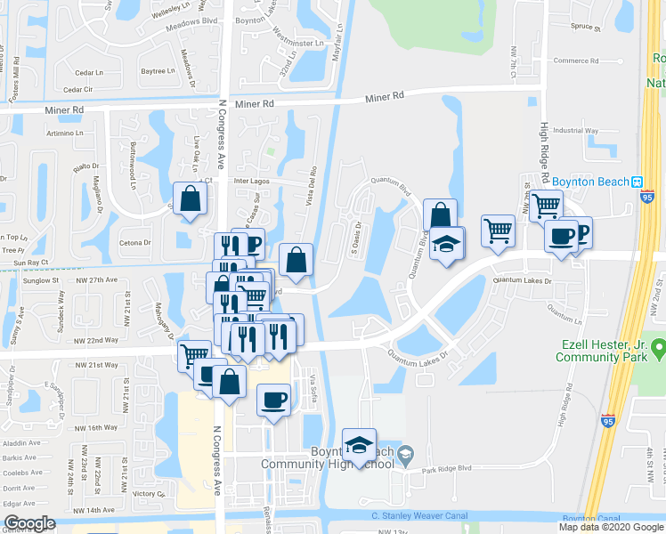 map of restaurants, bars, coffee shops, grocery stores, and more near 2808 South Evergreen Circle in Boynton Beach