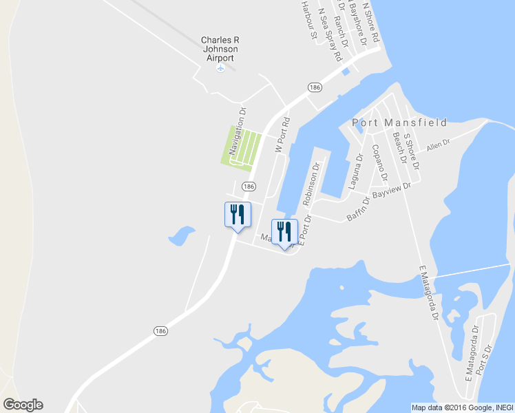 map of restaurants, bars, coffee shops, grocery stores, and more near 1105 W Port Rd in Port Mansfield