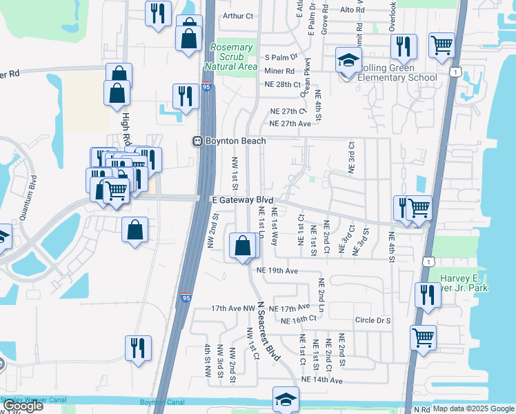 map of restaurants, bars, coffee shops, grocery stores, and more near 2181 Northeast 1st Lane in Boynton Beach