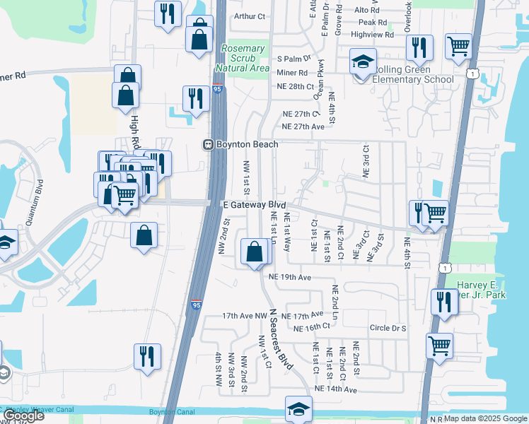 map of restaurants, bars, coffee shops, grocery stores, and more near 2180 North Seacrest Boulevard in Boynton Beach