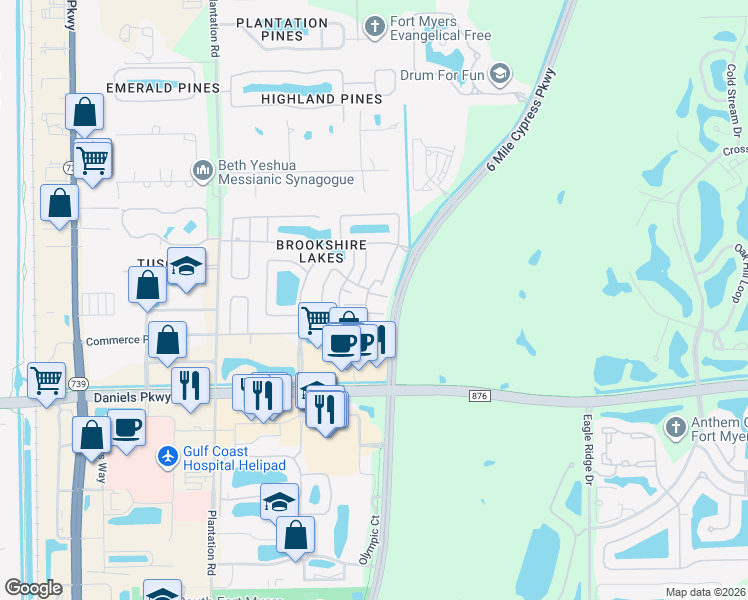 map of restaurants, bars, coffee shops, grocery stores, and more near 903 Whitehaven Lane in Fort Myers
