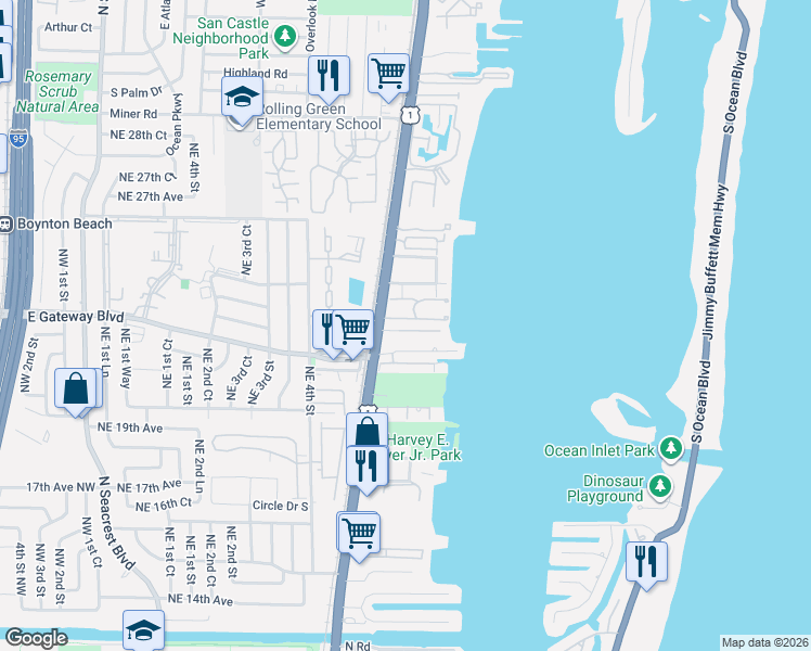map of restaurants, bars, coffee shops, grocery stores, and more near 618 Lakeside Harbor in Boynton Beach