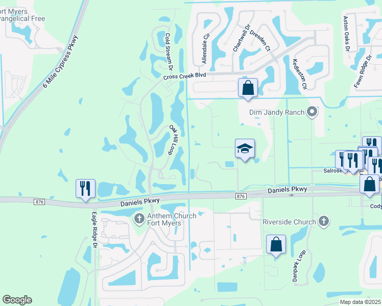 map of restaurants, bars, coffee shops, grocery stores, and more near C Parker Avenue in Fort Myers