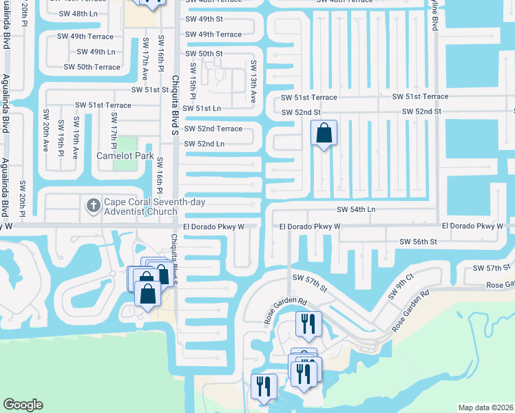 map of restaurants, bars, coffee shops, grocery stores, and more near 1402 Southwest 54th Terrace in Cape Coral