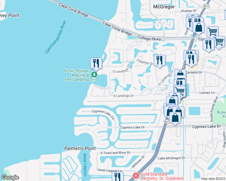 map of restaurants, bars, coffee shops, grocery stores, and more near 4710 Harbortown Lane in Fort Myers