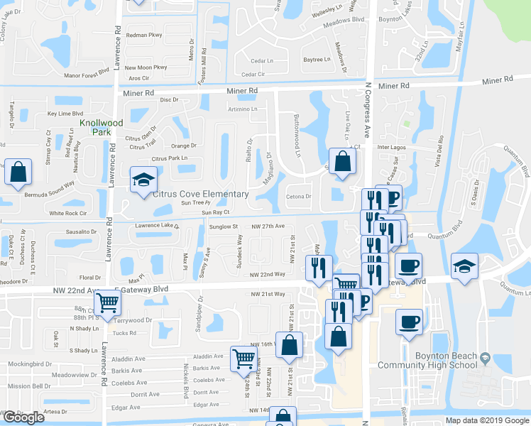 map of restaurants, bars, coffee shops, grocery stores, and more near 1533 Rialto Drive in Boynton Beach