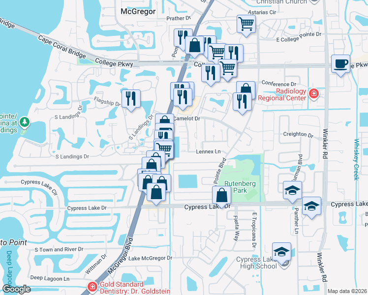map of restaurants, bars, coffee shops, grocery stores, and more near 9409 Lennex Lane in Fort Myers