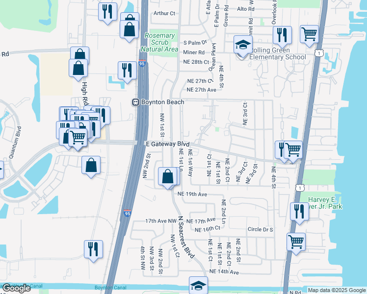 map of restaurants, bars, coffee shops, grocery stores, and more near 2181 Northeast 1st Lane in Boynton Beach