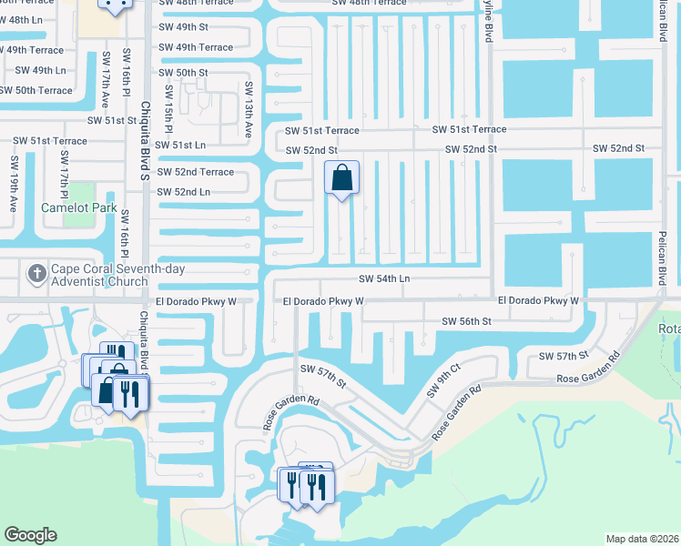 map of restaurants, bars, coffee shops, grocery stores, and more near 1114 Southwest 54th Lane in Cape Coral