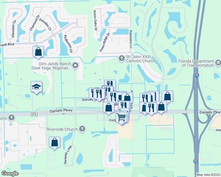 map of restaurants, bars, coffee shops, grocery stores, and more near 13301 Apaloosa Lane in Fort Myers