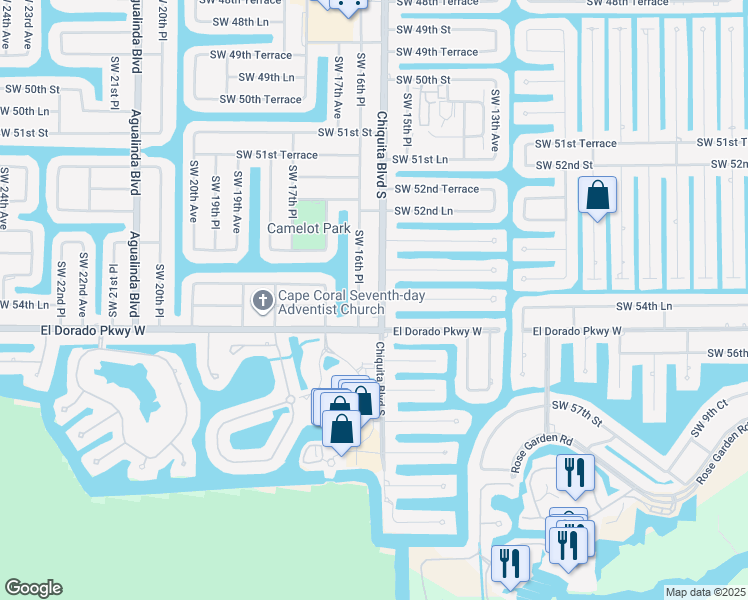 map of restaurants, bars, coffee shops, grocery stores, and more near 5407 Chiquita Boulevard South in Cape Coral
