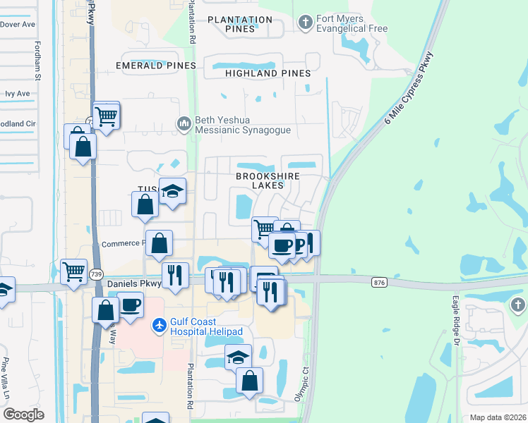 map of restaurants, bars, coffee shops, grocery stores, and more near 13239 Brookshire Lake Boulevard in Fort Myers