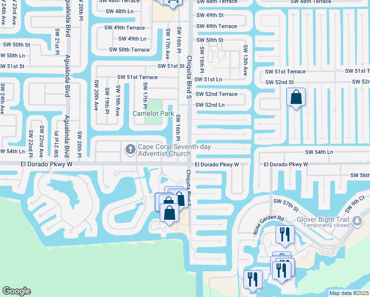 map of restaurants, bars, coffee shops, grocery stores, and more near 5407 Chiquita Boulevard South in Cape Coral