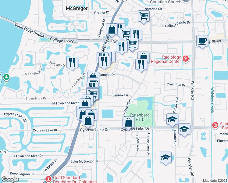 map of restaurants, bars, coffee shops, grocery stores, and more near 9320 Lennex Lane in Fort Myers