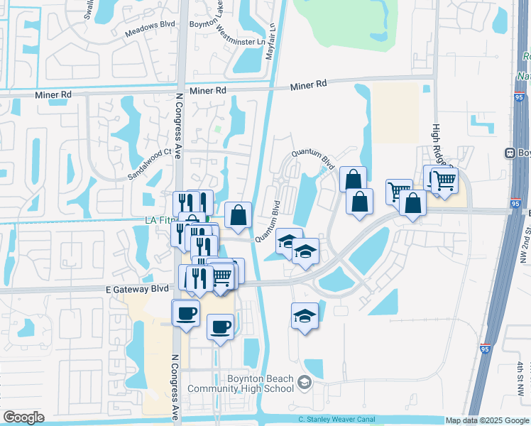 map of restaurants, bars, coffee shops, grocery stores, and more near 2791 South Evergreen Circle in Boynton Beach