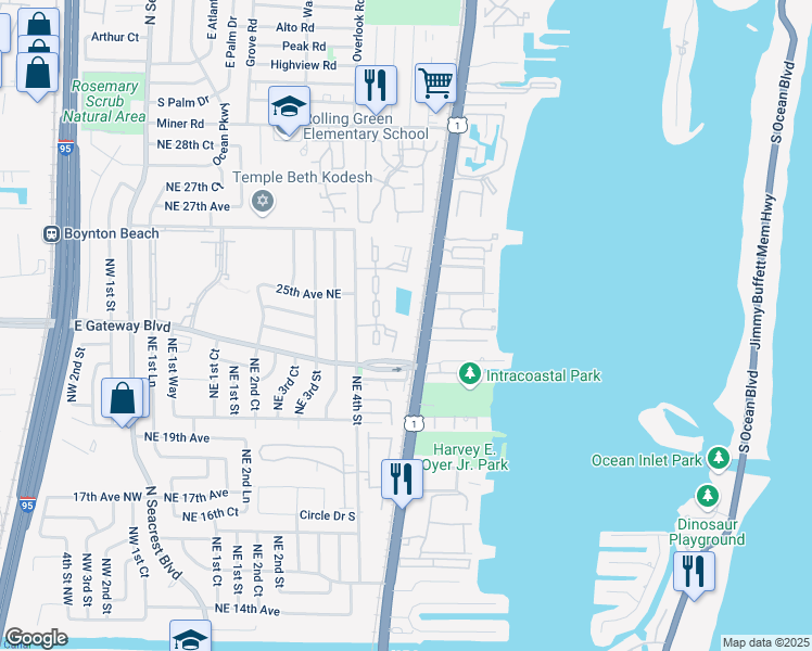 map of restaurants, bars, coffee shops, grocery stores, and more near 21 Crossings Circle in Boynton Beach