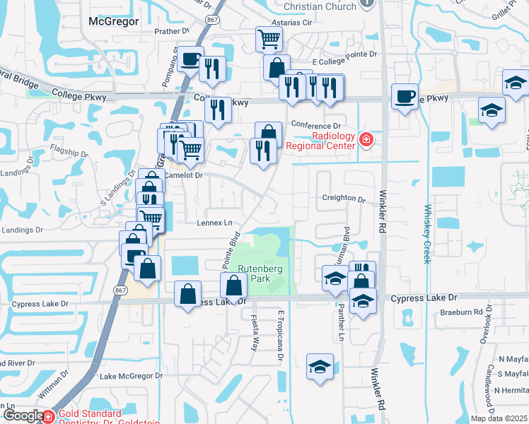 map of restaurants, bars, coffee shops, grocery stores, and more near 9280 Lennex Lane in Fort Myers