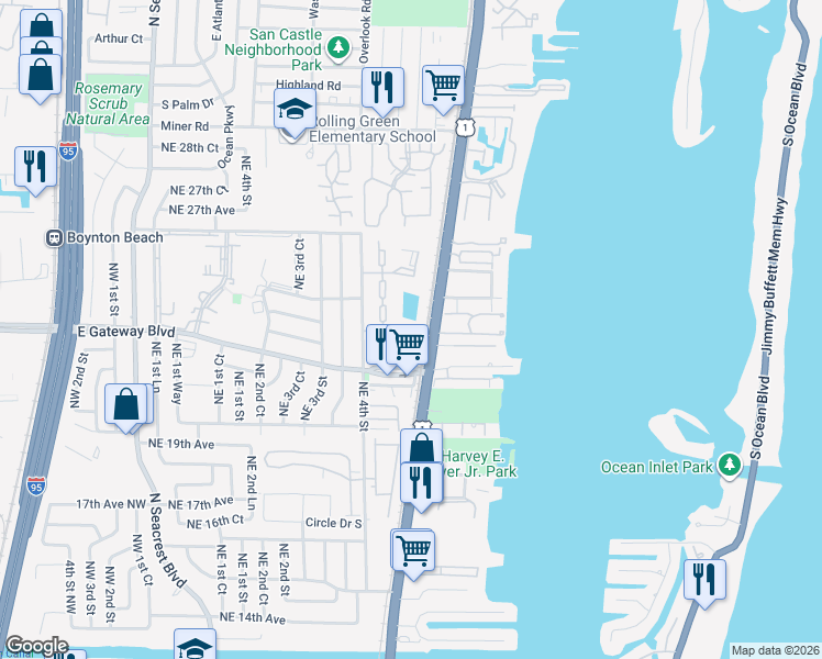 map of restaurants, bars, coffee shops, grocery stores, and more near 21 Crossings Circle in Boynton Beach