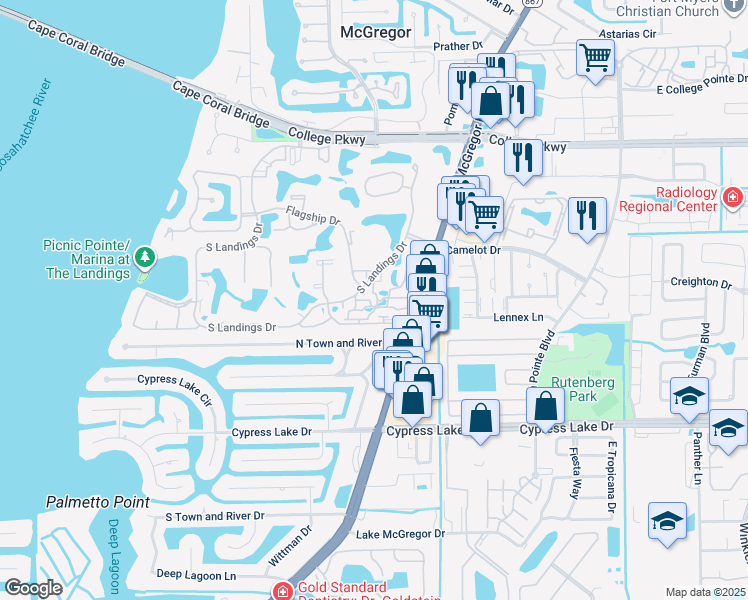 map of restaurants, bars, coffee shops, grocery stores, and more near 4447 West Mainmast Court in Fort Myers