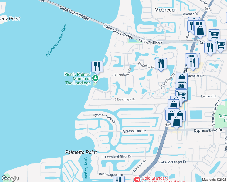 map of restaurants, bars, coffee shops, grocery stores, and more near 4710 Harbortown Lane in Fort Myers