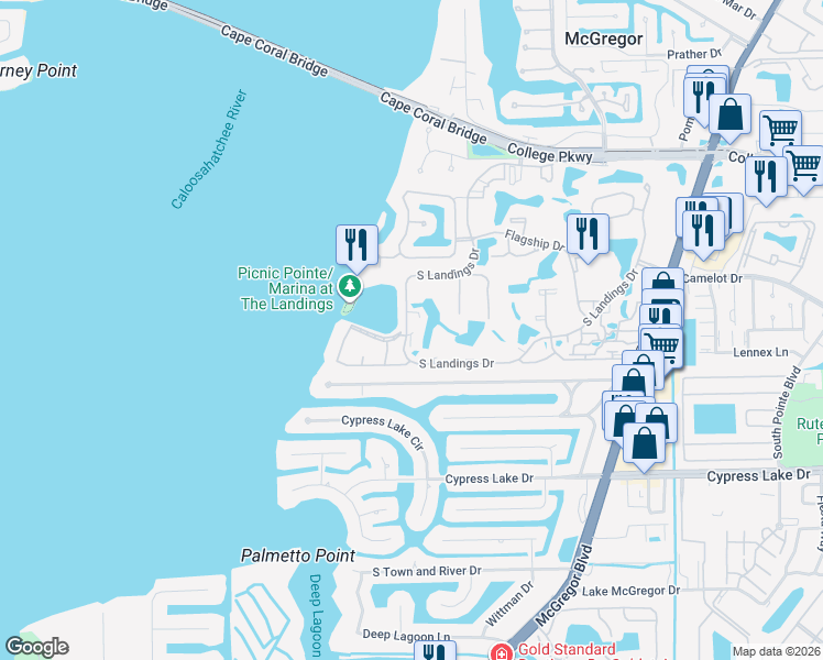 map of restaurants, bars, coffee shops, grocery stores, and more near 4710 Harbortown Lane in Fort Myers