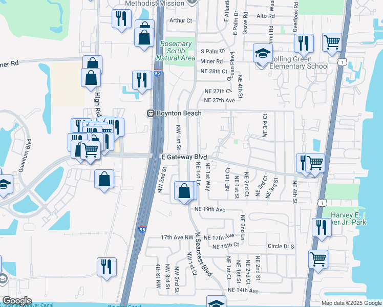 map of restaurants, bars, coffee shops, grocery stores, and more near 10 East Gateway Boulevard in Boynton Beach
